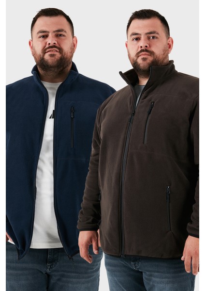 Regular Fit Dik Yaka Fermuarlı Büyük Beden 2'li Paket Polar Hırka Erkek Hırka 5906028BS2