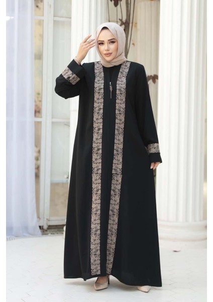 Desen Detaylı Siyah Bej Tesettür Ferace 29112SBEJ