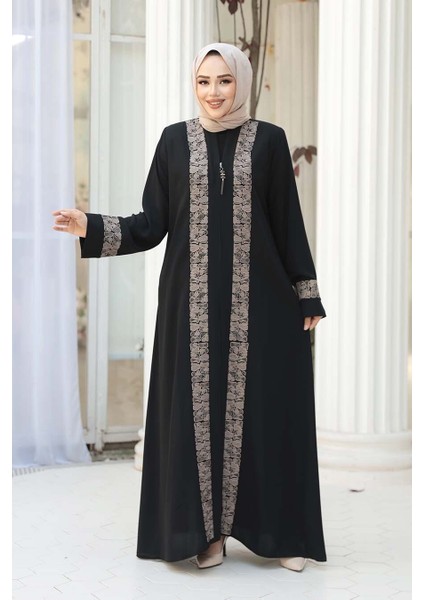 Desen Detaylı Siyah Bej Tesettür Ferace 29112SBEJ fiyatları
