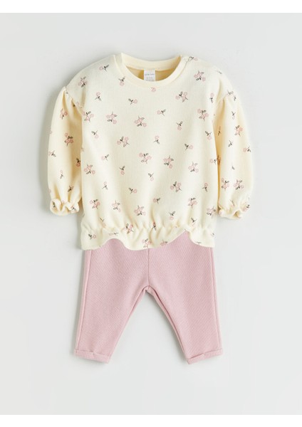 Yeni Sezon Bisiklet Yaka Çiçekli Kız Bebek Sweatshirt ve Tayt 2'li