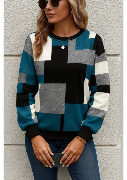 Kadın Uzun Kollu Bisiklet Yaka Renkli Blok Baskı Dalgıç Bluz