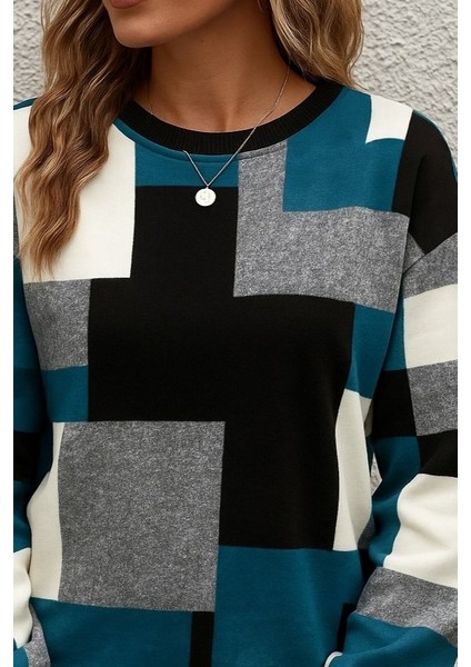 Kadın Uzun Kollu Bisiklet Yaka Renkli Blok Baskı Dalgıç Bluz fiyatları