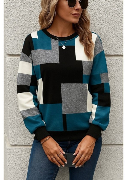 Kadın Uzun Kollu Bisiklet Yaka Renkli Blok Baskı Dalgıç Bluz modelleri