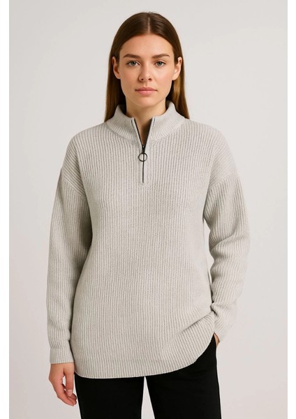 Kadın Yarım Fermuarlı Triko Kazak – Selanik Örgü, Dik Yaka, Pamuklu Dokuma, Oversize Uzun Kollu Kışlık Model - Gri