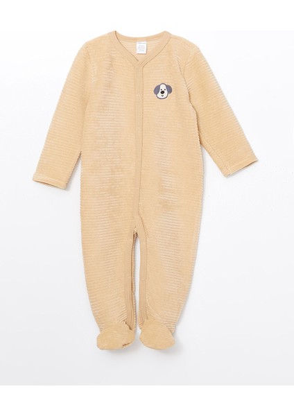 Yeni Sezon V Yaka Kadife Nakışlı Erkek Bebek Tulum