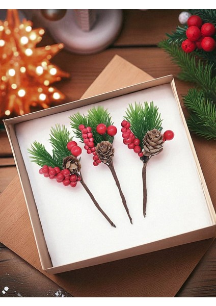 Kokina Yılbaşı Çiçeği, Yapay Çam Kozalaklı Kiraz Demeti, Yeniyıl Dekoratif Ev Süsü, 13 cm - 12 Adet modelleri