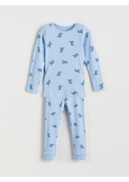 Yeni Sezon Bisiklet Yaka Baskılı Uzun Kollu Erkek Bebek Pijama Takımı