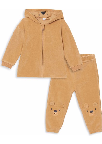 Yeni Sezon Kapüşonlu Nakışlı Erkek Bebek Hırka ve Eşofman Alt 2'li