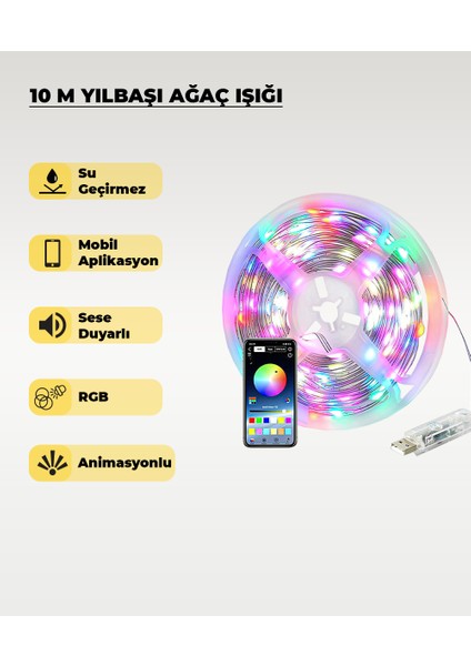 Yılbaşı Ağacı Şerit LED - 10 Metre- Telefondan Kontrol - Ses Duyarlı