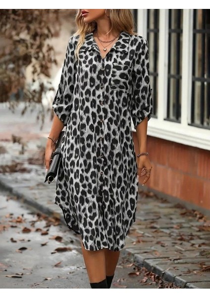 Kadın Uzun Kollu Yakalı Önden Düğmeli Leopar Desenli Modal Midi Elbise modelleri