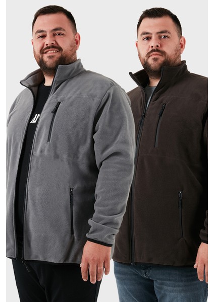 Regular Fit Dik Yaka Fermuarlı Büyük Beden 2'li Paket Polar Hırka Erkek Hırka 5906028BS2