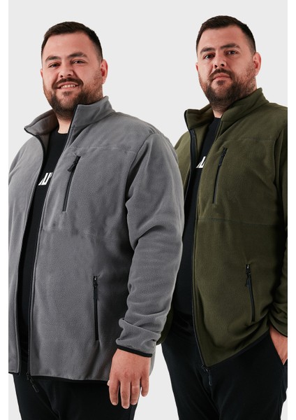 Regular Fit Dik Yaka Fermuarlı Büyük Beden 2'li Paket Polar Hırka Erkek Hırka 5906028BS2