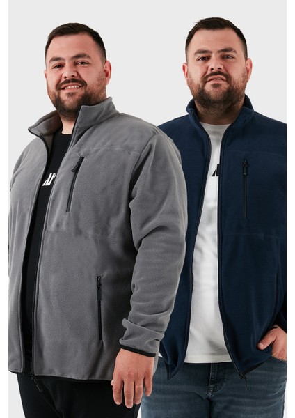 Regular Fit Dik Yaka Fermuarlı Büyük Beden 2'li Paket Polar Hırka Erkek Hırka 5906028BS2