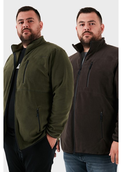 Regular Fit Dik Yaka Fermuarlı Büyük Beden 2'li Paket Polar Hırka Erkek Hırka 5906028BS2