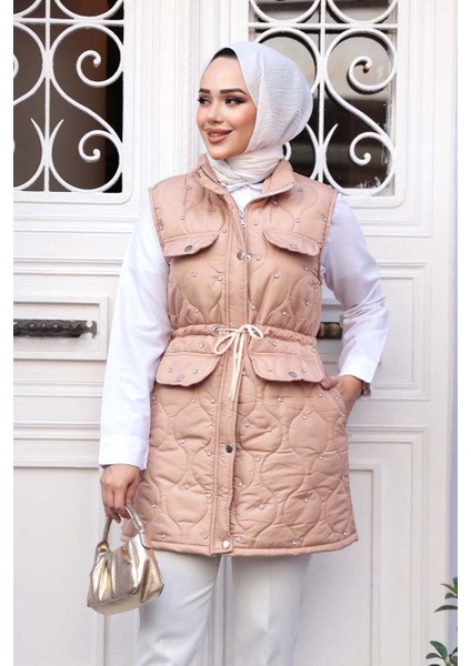 Boncuk Detaylı Bisküvi Tesettür Şişme Yelek 80321BS