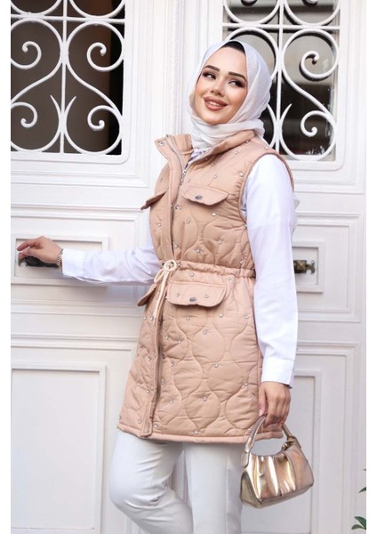 Boncuk Detaylı Bisküvi Tesettür Şişme Yelek 80321BS modelleri