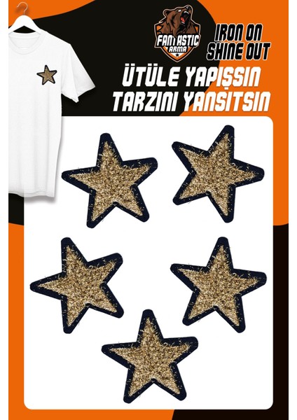 Ütü ile Yapışan Dokuma Arma Seti Patch Yama Altın Simli Saçaklı Yıldız Modeli (5 Adet)