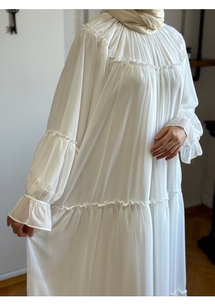 Beyaz Reglan Kol Büzgülü Şifon Elbise 1005