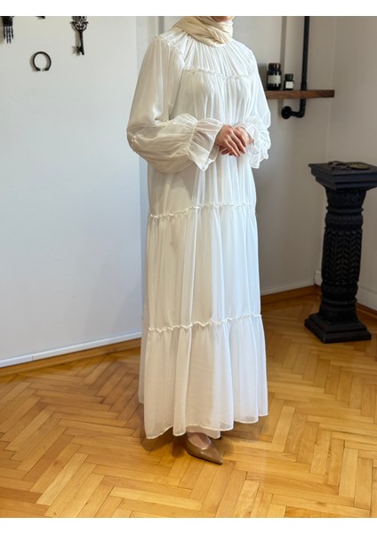 Beyaz Reglan Kol Büzgülü Şifon Elbise 1005 fiyatları