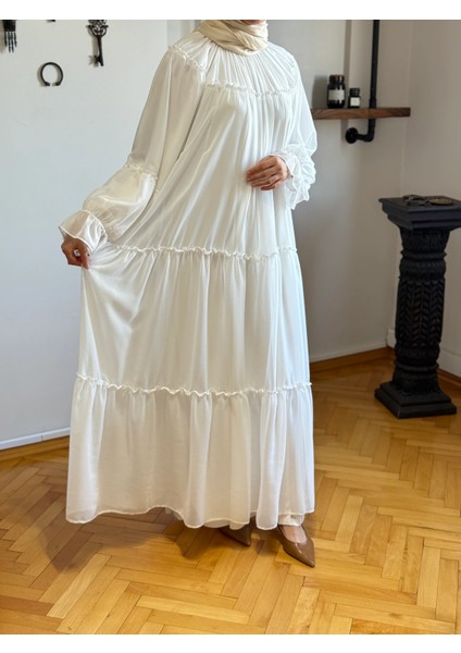 Beyaz Reglan Kol Büzgülü Şifon Elbise 1005 modelleri
