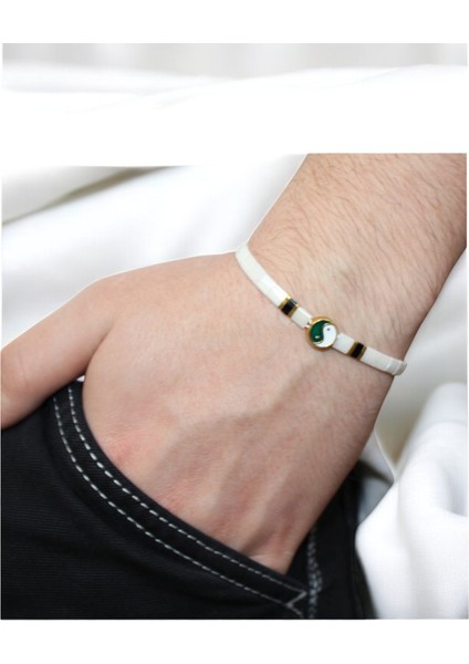 El Yapımı Unisex Tila Boncuk Bileklik – Beyaz Siyah Altın Sarı, Yin Yang Figürlü, Ayarlanabilir modelleri