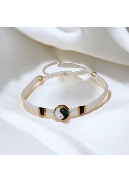 El Yapımı Unisex Tila Boncuk Bileklik – Beyaz Siyah Altın Sarı, Yin Yang Figürlü, Ayarlanabilir indirimleri