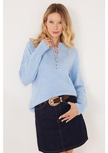 Kadın Oversize Geniş Kesim Düğmeli Yaka Mavi Kazak fiyatları