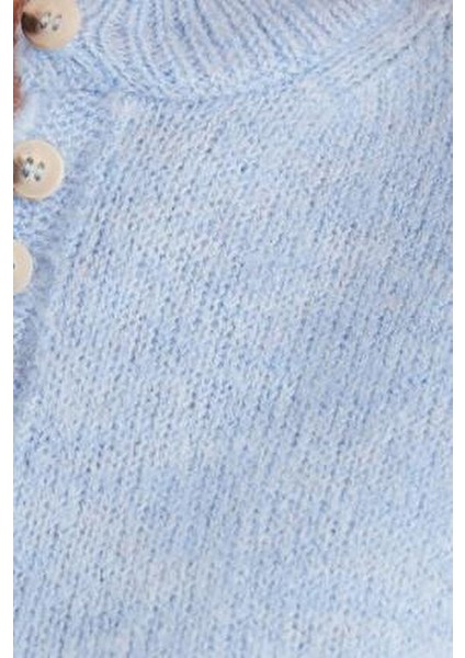 Kadın Oversize Geniş Kesim Düğmeli Yaka Mavi Kazak