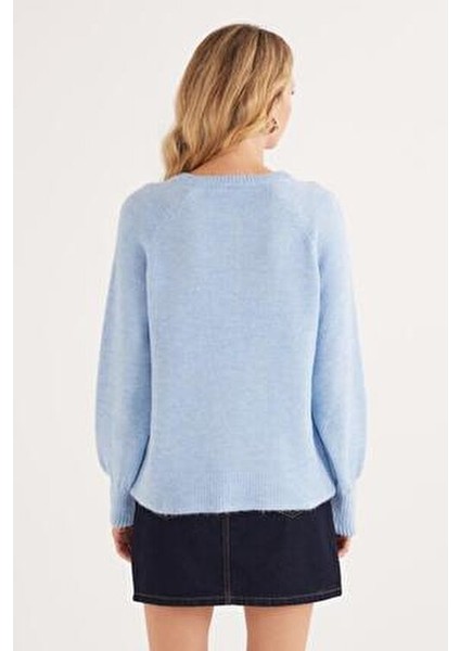 Kadın Oversize Geniş Kesim Düğmeli Yaka Mavi Kazak