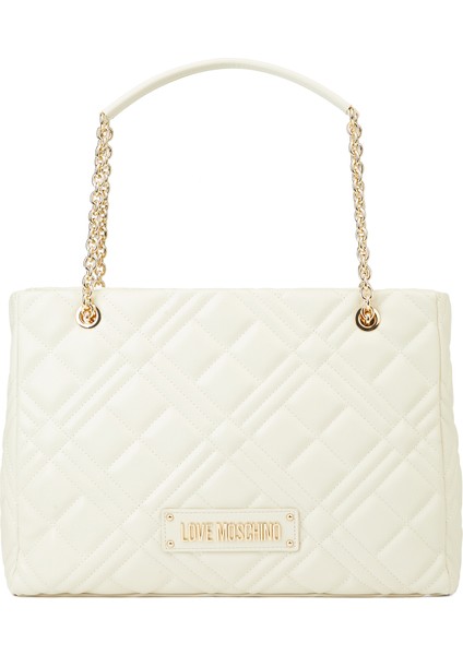 Beyaz Logo Detaylı Kadın Alışveriş Çantası