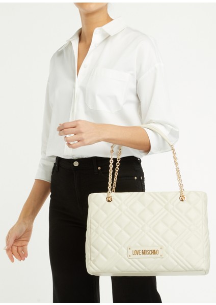 Beyaz Logo Detaylı Kadın Alışveriş Çantası fiyatları