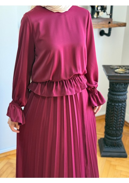 Bordo Piliseli Etek + Bluz Takım 5076
