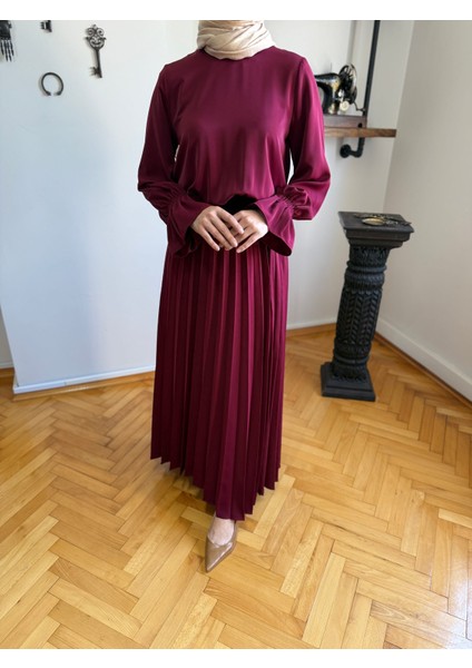 Bordo Piliseli Etek + Bluz Takım 5076 indirimleri