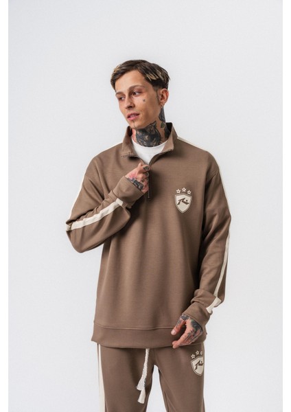 Erkek Şerit Detaylı Yarım Fermuarlı Modal Sweatshirt Vizon