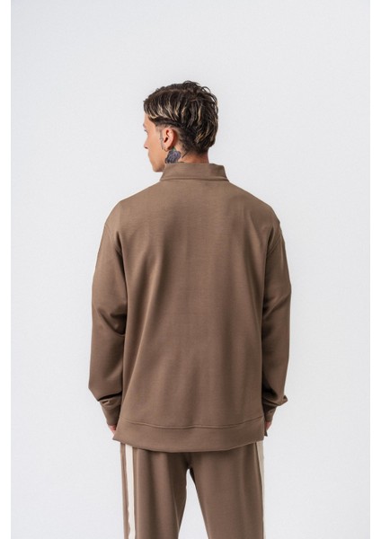 Erkek Şerit Detaylı Yarım Fermuarlı Modal Sweatshirt Vizon modelleri