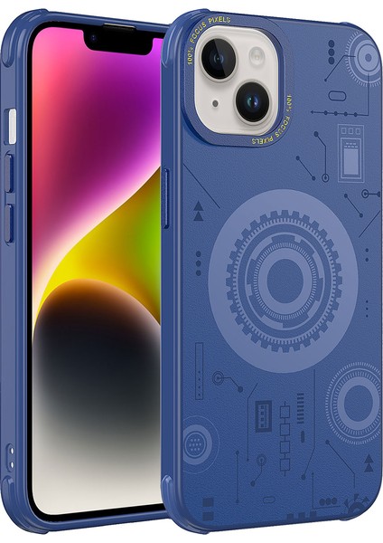 Apple iPhone 14 Plus Kılıf N7TH Wireless Şarj Özellikli Desenli Hot Kapak-Lacivert