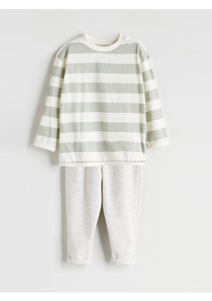 Yeni Sezon Bisiklet Yaka Çizgili Erkek Bebek Tişört ve Pantolon 2'li