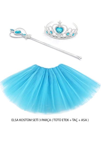 Mavi Prenses Elsa Kostüm Seti 3 Parça (Tütü Etek + Taç + Asa )
