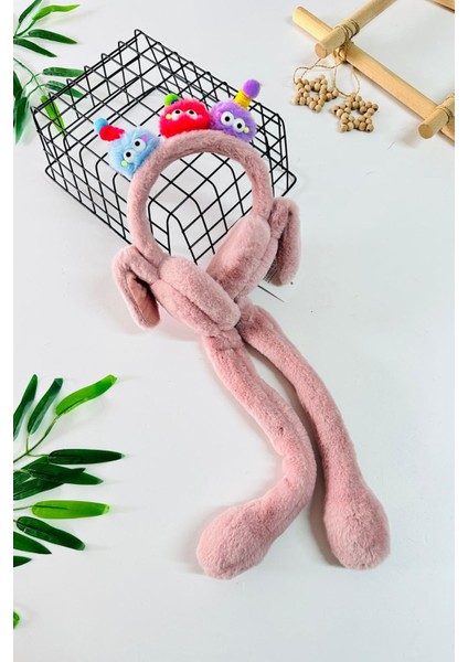 Renkli Gözlü Antenli Pelüş Kız Çocuk kulaklık - Gül Kurusu