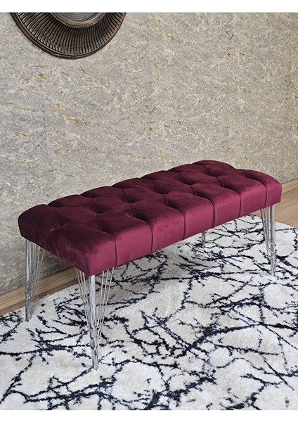 Krom Tel Ayaklı 90 cm Puf Bench - Puf - Bench - Kasalı Oturak - Oturak - Yatak Ucu Puf Bordo Renk 90 x 40 Boyut/ebat