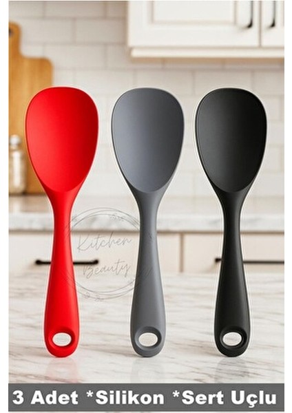 3 Adet Ultra Sert Uçlu Silikon Servis Pilav Tatlı Kaşığı Kaşık Seti Asılabilir Kaşık Yanmaz Yapışmaz