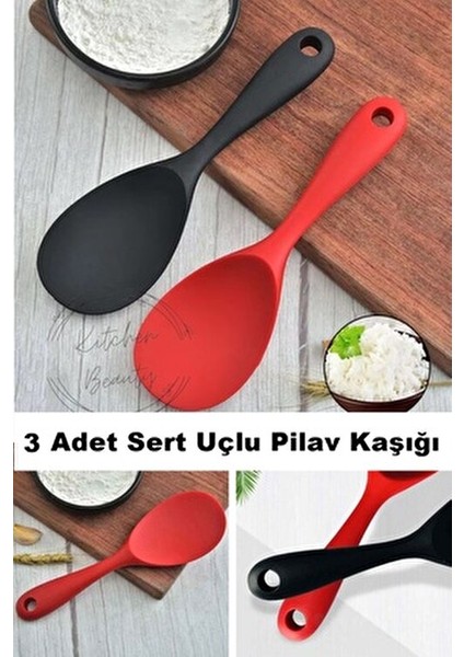 3 Adet Ultra Sert Uçlu Silikon Servis Pilav Tatlı Kaşığı Kaşık Seti Asılabilir Kaşık Yanmaz Yapışmaz modelleri