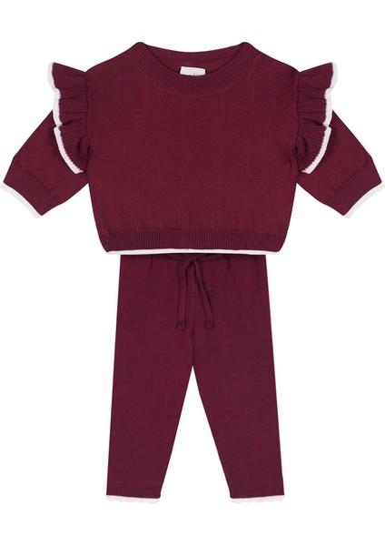 Bordo Beyaz Fırfırlı Bluz & Pantolon Kız Bebek 2'li Triko Set