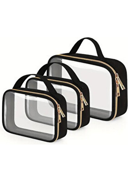 Kadın 3 Adet Nubuk Deri Şeffaf Seyahat Makyaj Çantası Siyah Renk Ergonomik Tasarım