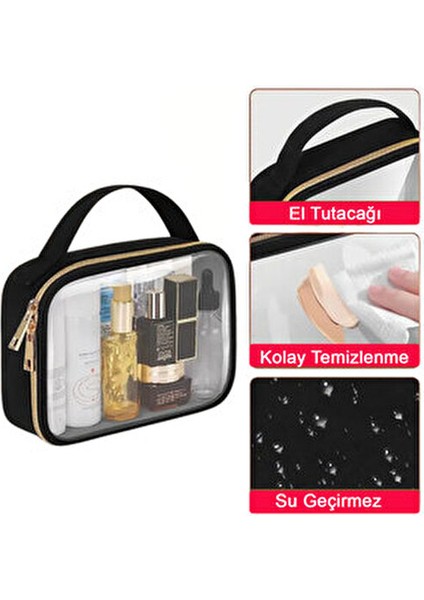 Kadın 3 Adet Nubuk Deri Şeffaf Seyahat Makyaj Çantası Siyah Renk Ergonomik Tasarım fiyatları