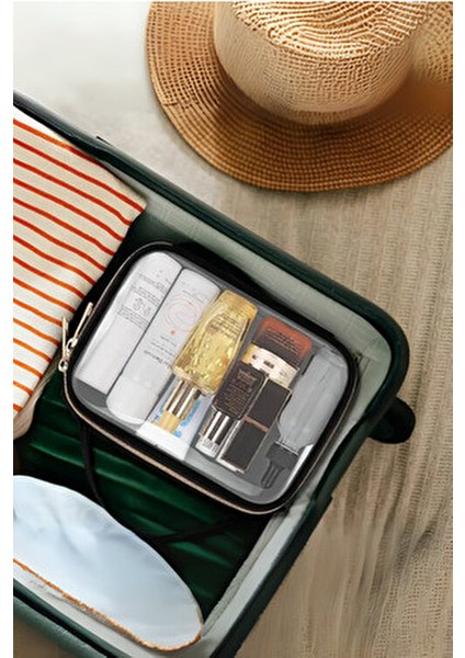 Kadın 3 Adet Nubuk Deri Şeffaf Seyahat Makyaj Çantası Siyah Renk Ergonomik Tasarım modelleri