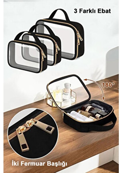 Kadın 3 Adet Nubuk Deri Şeffaf Seyahat Makyaj Çantası Siyah Renk Ergonomik Tasarım fırsatları