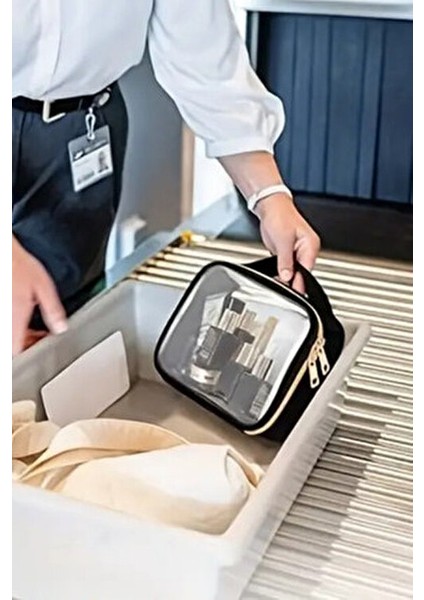 Kadın 3 Adet Nubuk Deri Şeffaf Seyahat Makyaj Çantası Siyah Renk Ergonomik Tasarım indirimleri