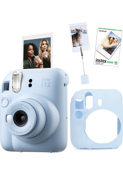 Instax Mini 12 Mavi Fotoğraf Makinesi + 10'lu Film Kıskaçlı Resim Standı ve Silikon Kılıf Seti