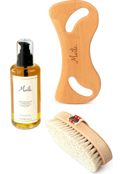 Selülit Karşıtı Masaj Yağı 200 ml + Doğal At Kılı Fırçası ve Ahşap Masaj Aleti 3’lü Bakım Seti